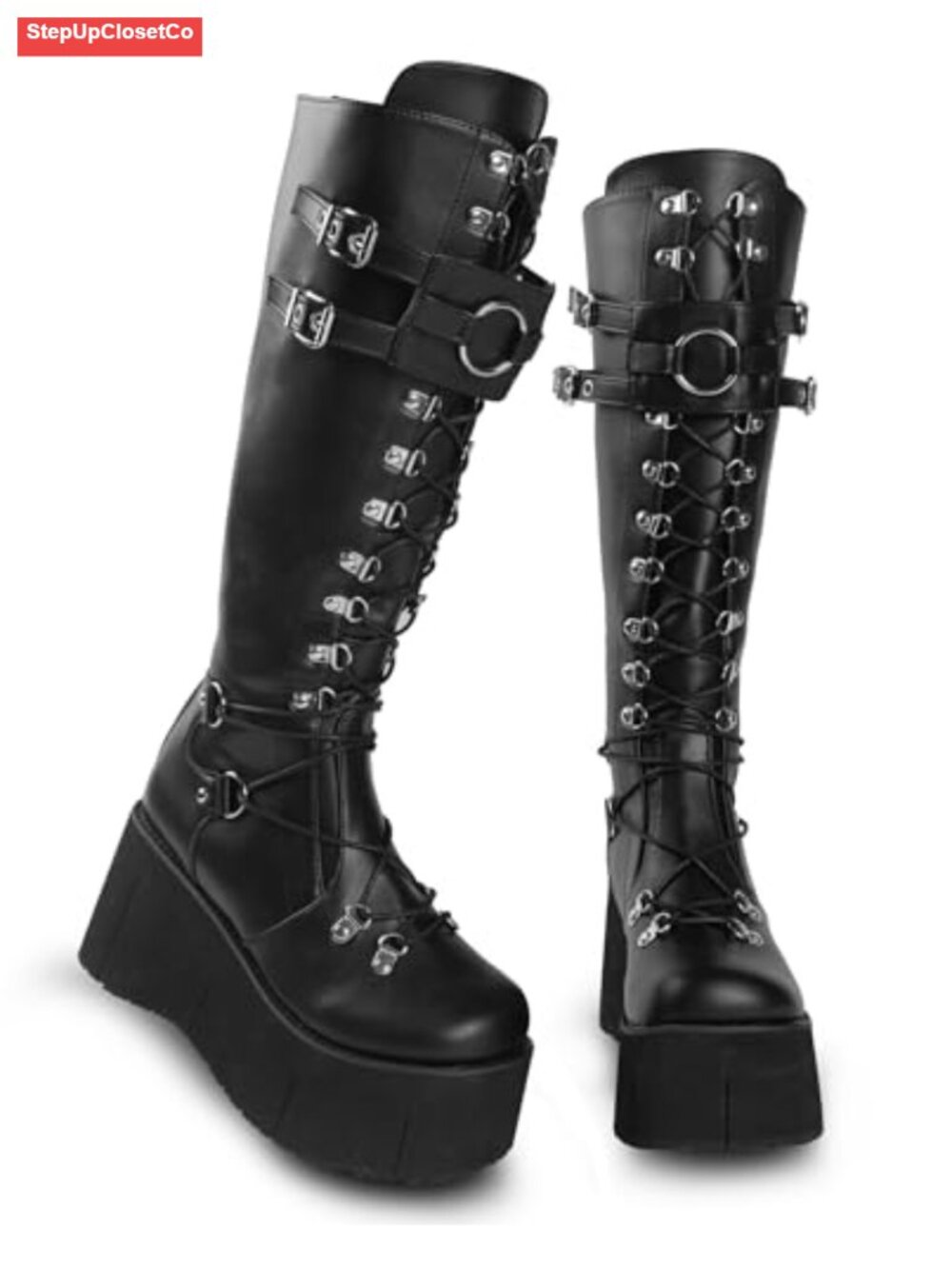 Women's Black Leather Chunky Platform Combat Knee High Boots Punk Motorcycle